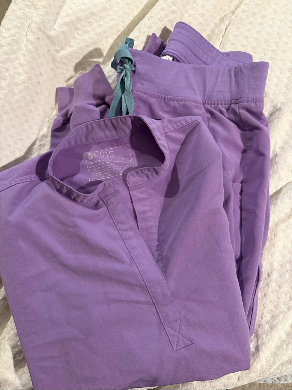 Figs Lavender Purple Scrub Top and Jogger Set with Teal Drawstring